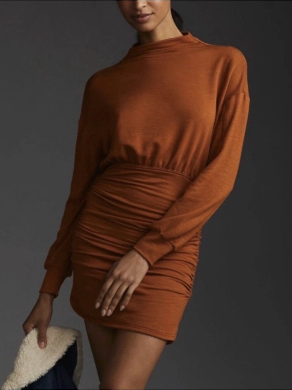 Anthropologie Daily Practice Rust Orange Ruched Long-Sleeve Sweater Mini Dress